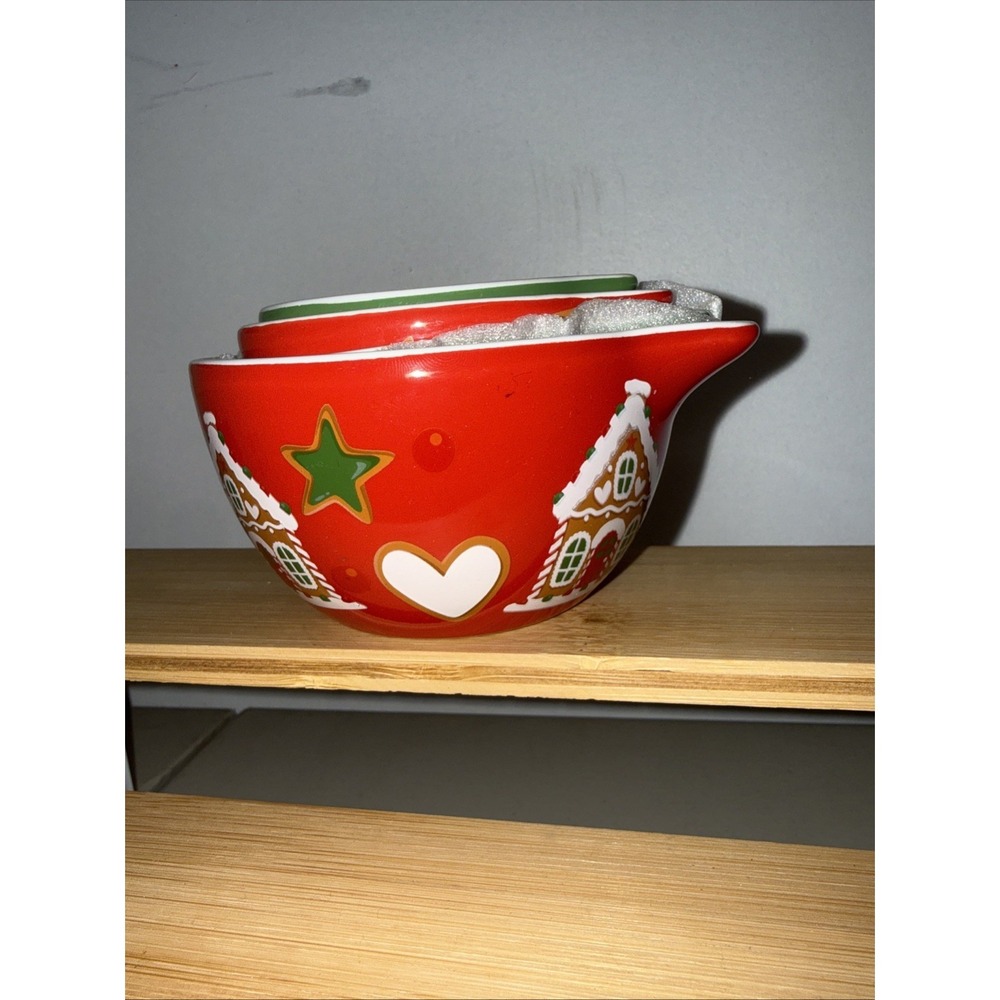 Holiday Time Ceramic Nesting Measuring Cup Set Of 4 Gingerbread/Christmas NEW